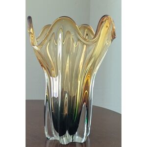 Vintage Japanese Kamei Art Glass "Swung" Vase Lemon/Amber/Green Polished Base